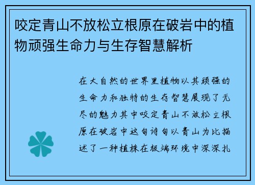 咬定青山不放松立根原在破岩中的植物顽强生命力与生存智慧解析
